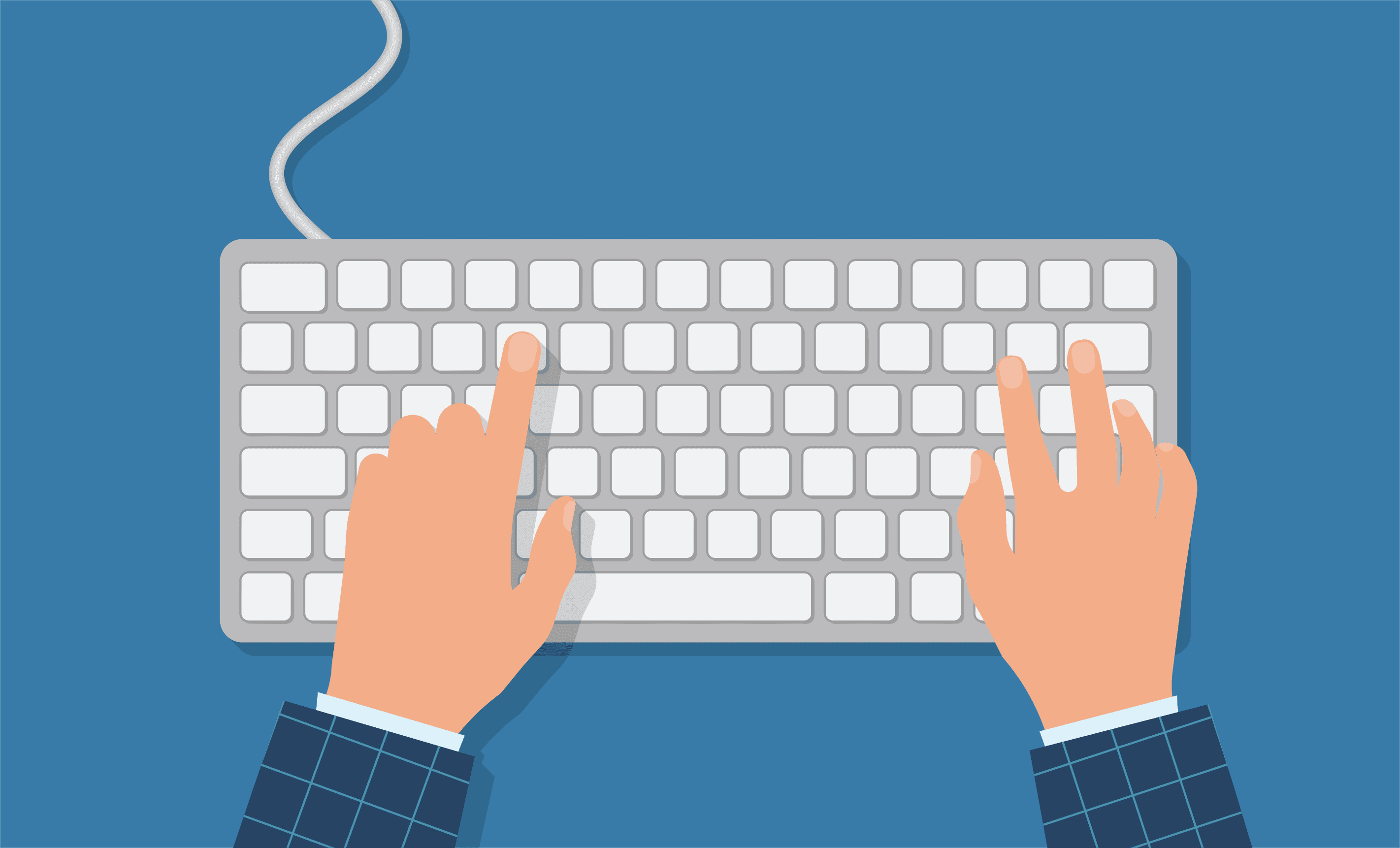 An illustrated graphic of hands typing on a computer keyboard