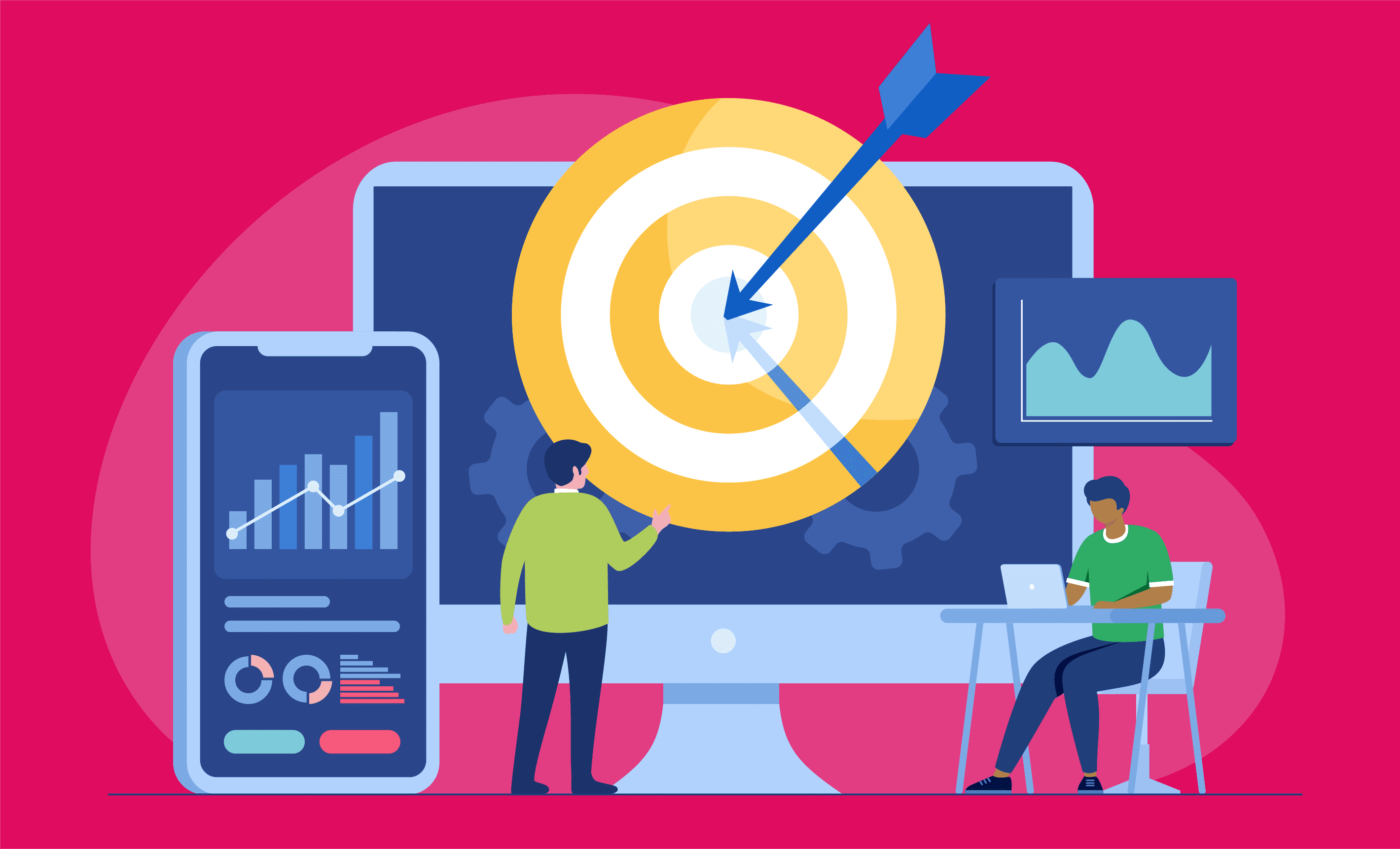 An illustrated graphic of a people in front of a computer with a target